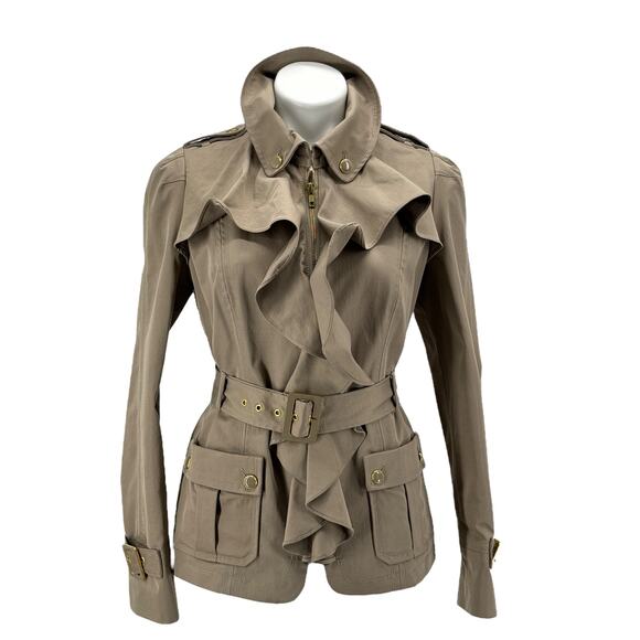 Anthropologie Jackets & Blazers - Elevenses Anthropologie Women's Trench Ruffle Jacket SZ 10 Zip Belted Khaki